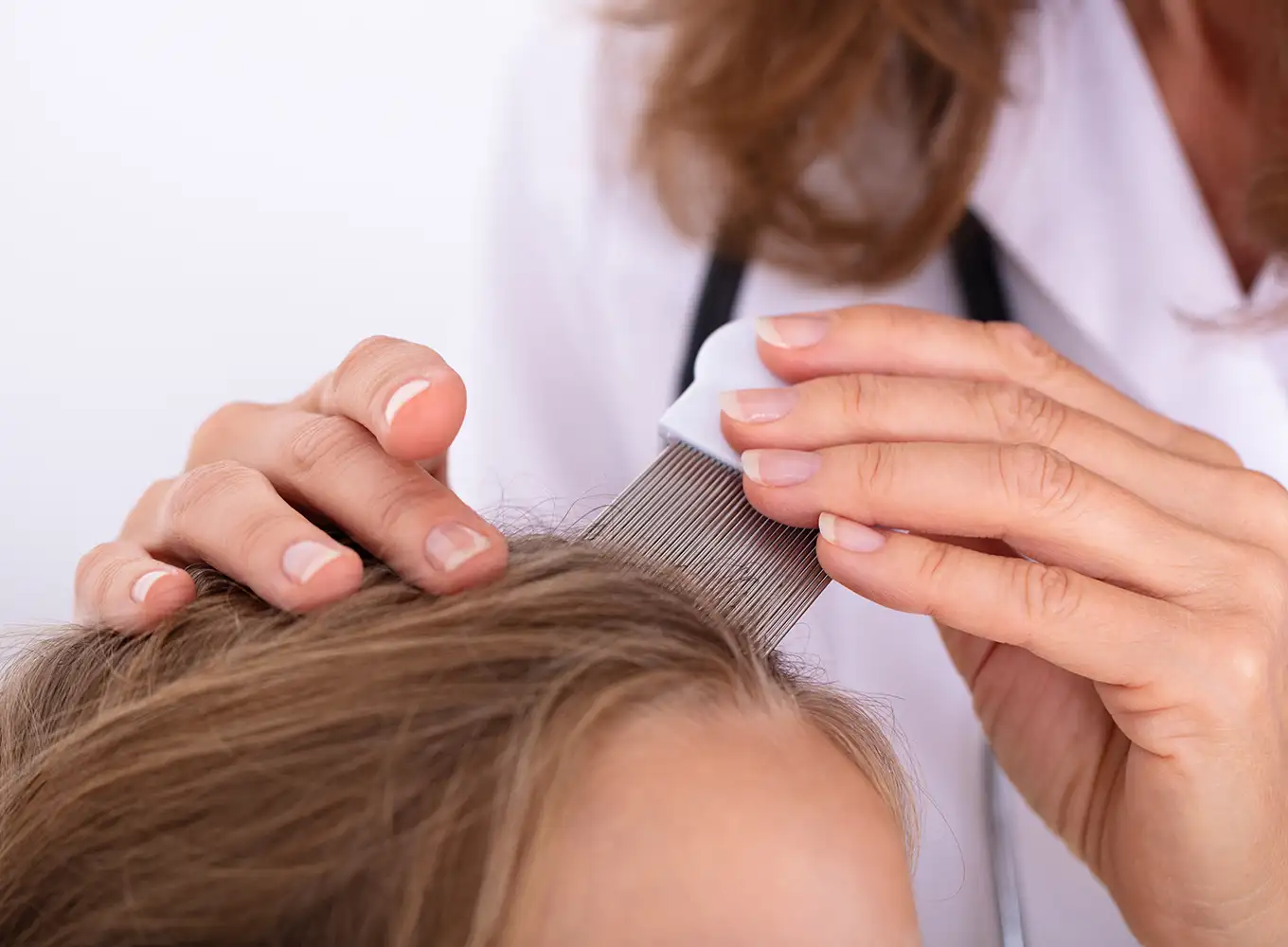 child having their head combed through for lice by a professional lice clinician Alton IL