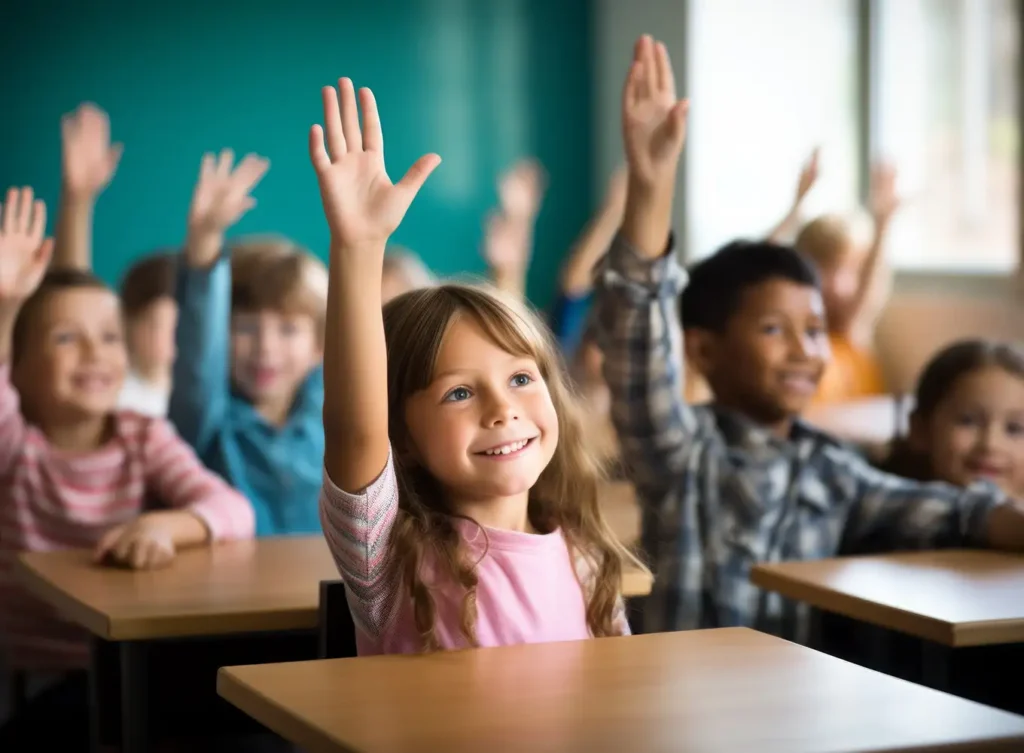 a group of kids in class raising their hands.